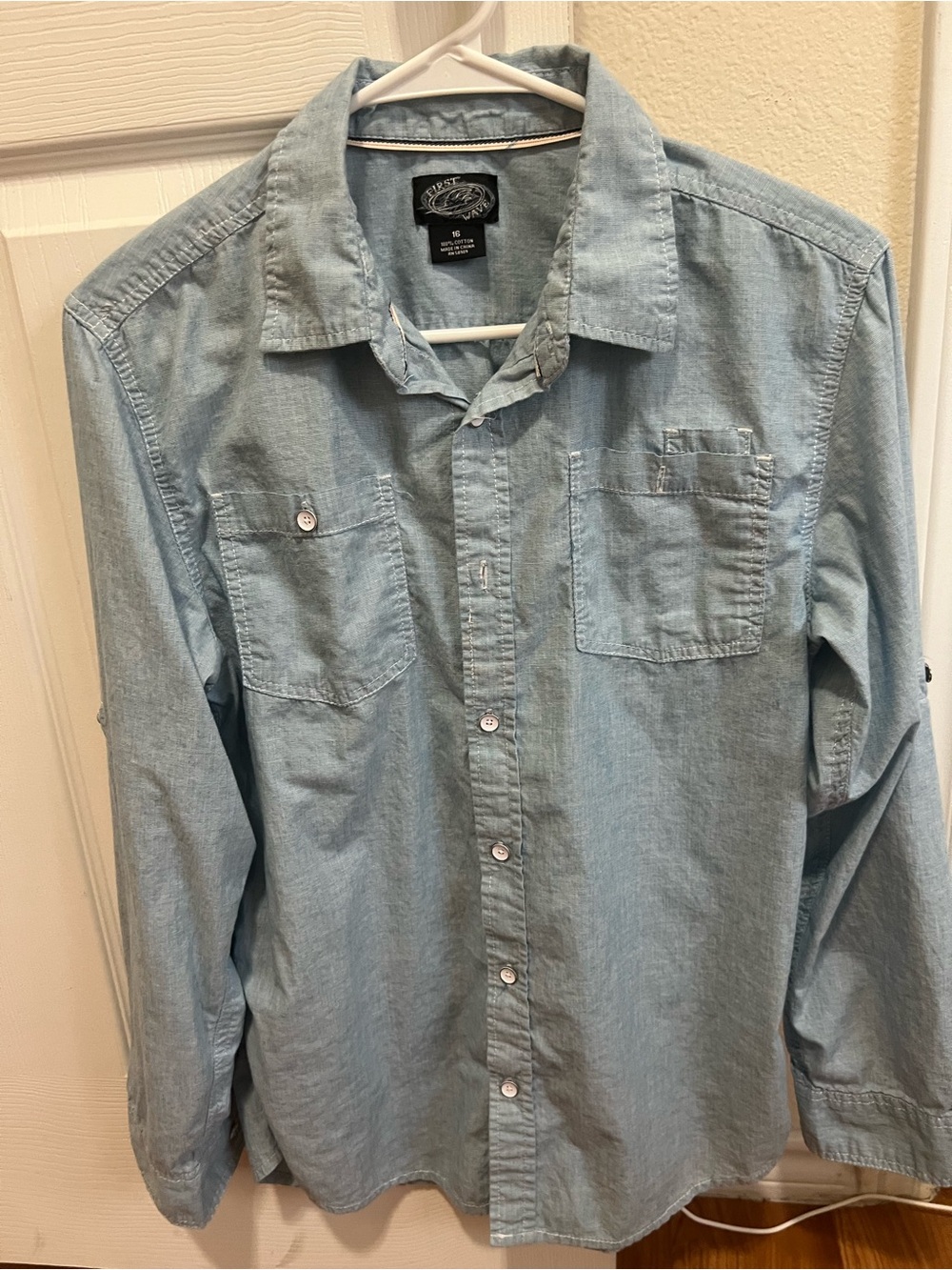 First Wave Mens or Boys Size 16 Cotton Blue Shirt Collar Pockets Roll Up Sleeves